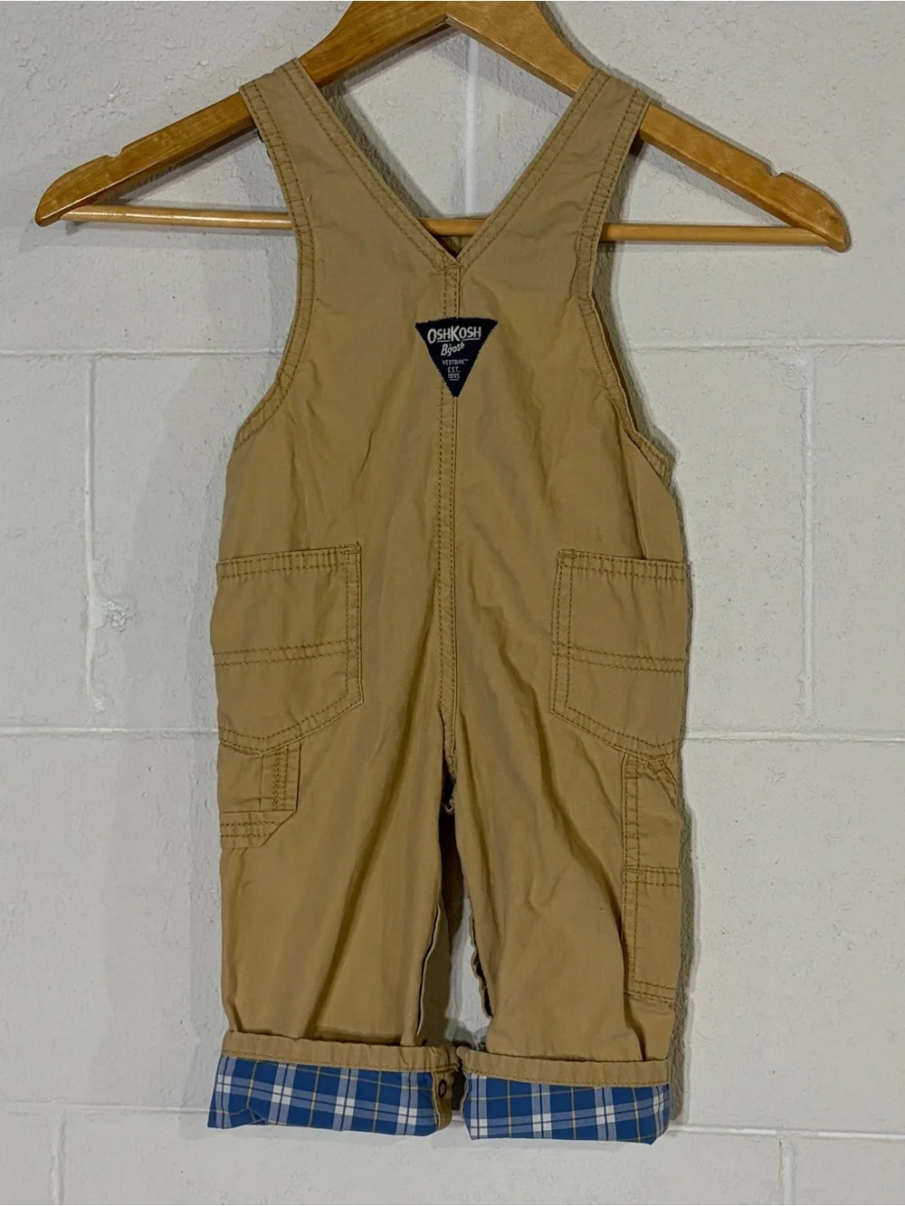 OshKosh B'gosh 12M Beige/Blue 100% Cotton Overall Adjustable One-Piece Pockets
